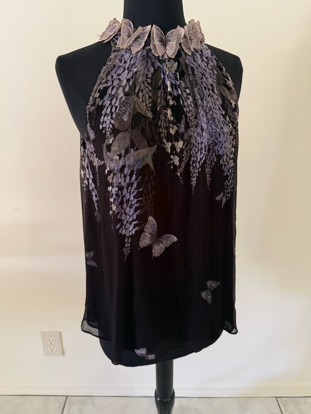 ZIMMERMANN Botanica Black Lavender Tea Silk Top with Butterfly Appliqués $425 - Picture 3 of 16